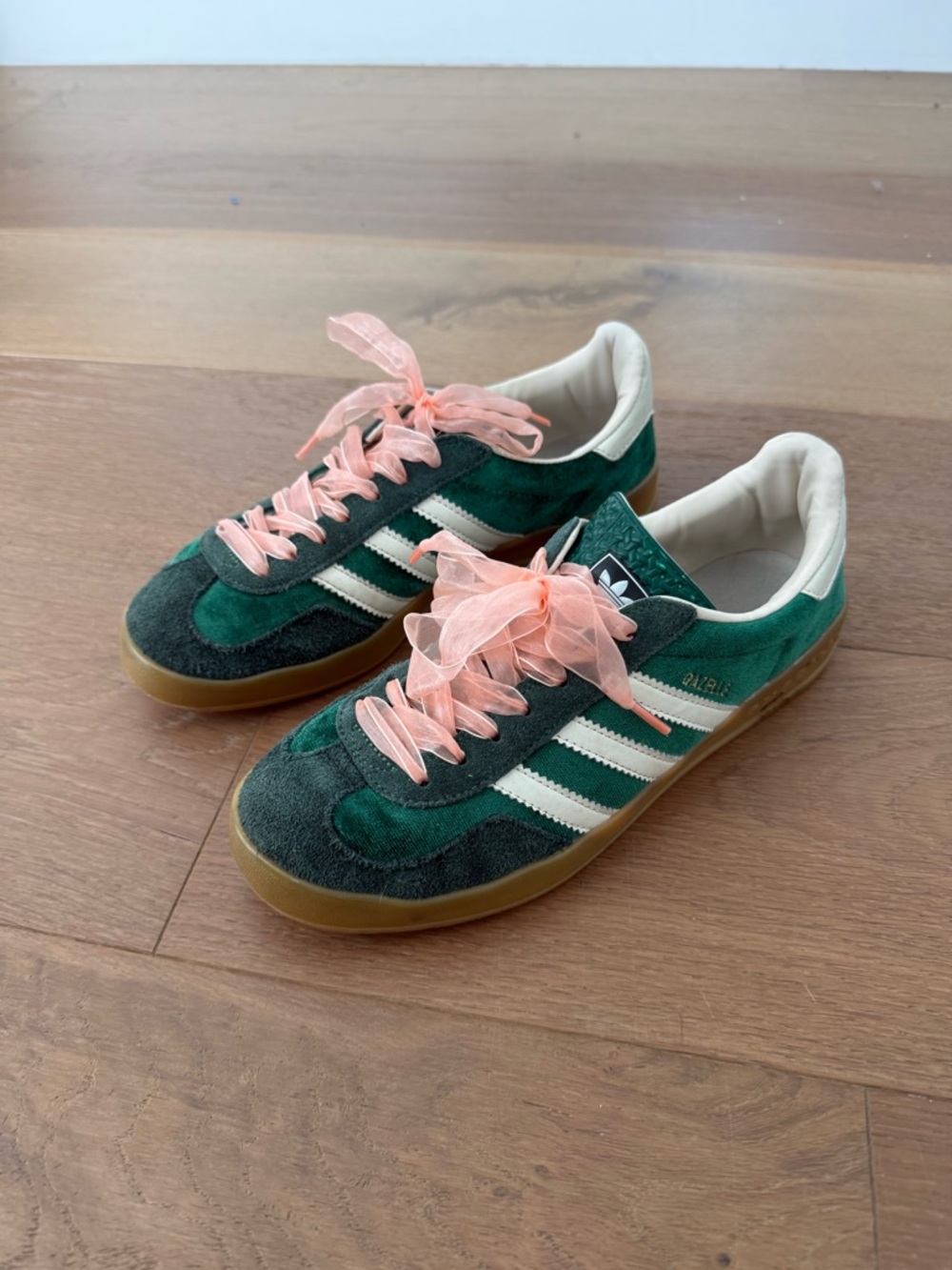 Gucci for Adidas Green Suede Gazelle Sneakers with Pink Ribbon Laces